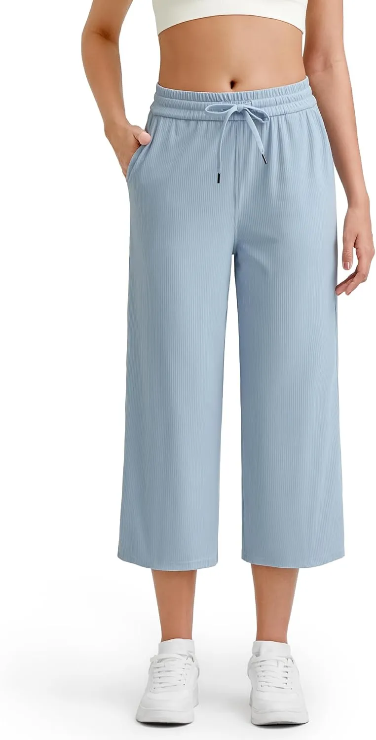 G4Free Ribbed Wide Leg Yoga Pants for Women Drawstring Elastic Waist Loose Casual Capris with Pockets