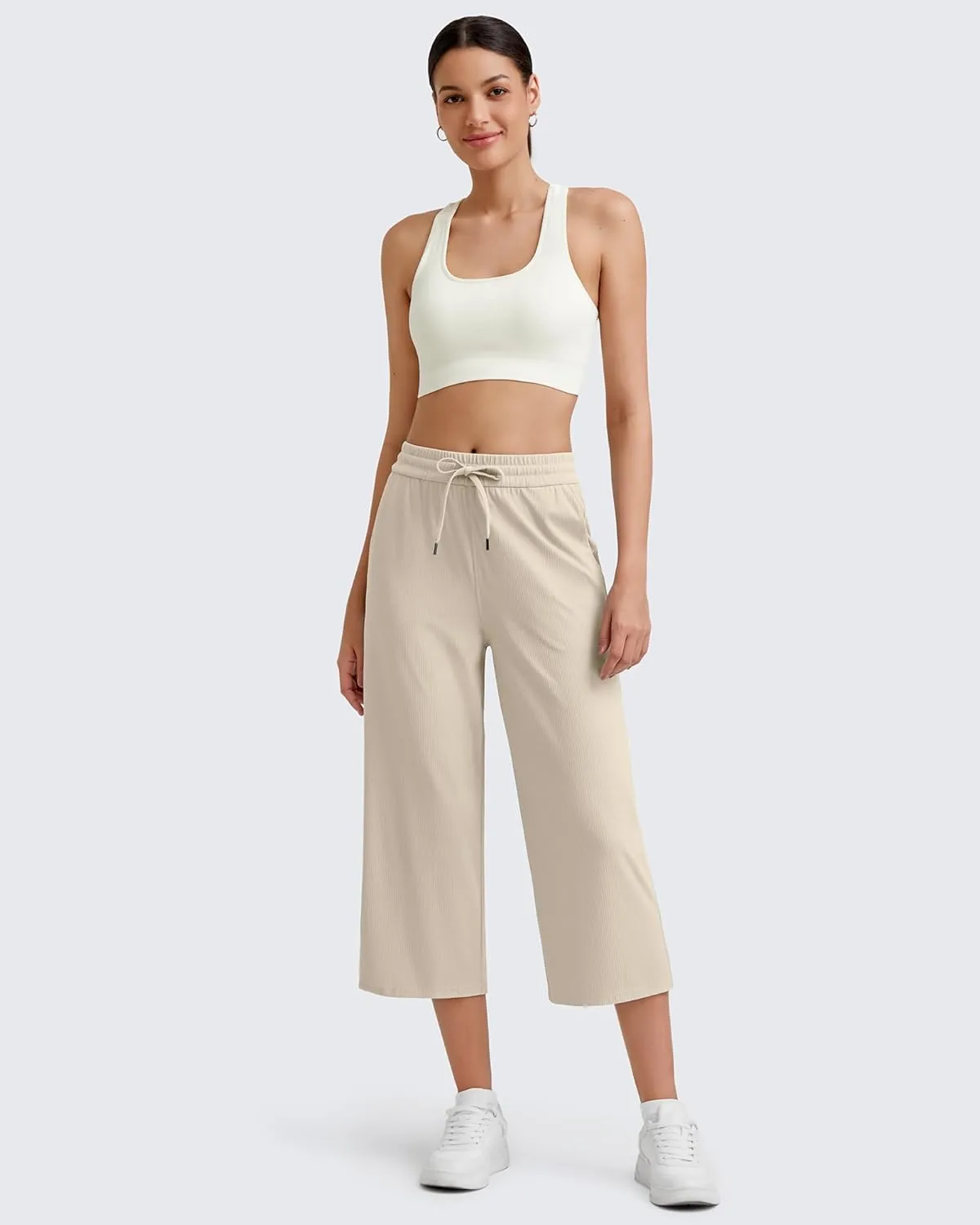 G4Free Ribbed Wide Leg Yoga Pants for Women Drawstring Elastic Waist Loose Casual Capris with Pockets