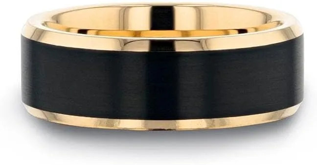 Gaston Tungsten Wedding Ring for Men - Comfort Fit, Custom Engraved, Gold Plated Band with Flat Black Matte Brushed Inlay - Stylish Marriage Ring, Couple's Engagement Promise - 6mm - 8mm