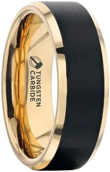 Gaston Tungsten Wedding Ring for Men - Comfort Fit, Custom Engraved, Gold Plated Band with Flat Black Matte Brushed Inlay - Stylish Marriage Ring, Couple's Engagement Promise - 6mm - 8mm