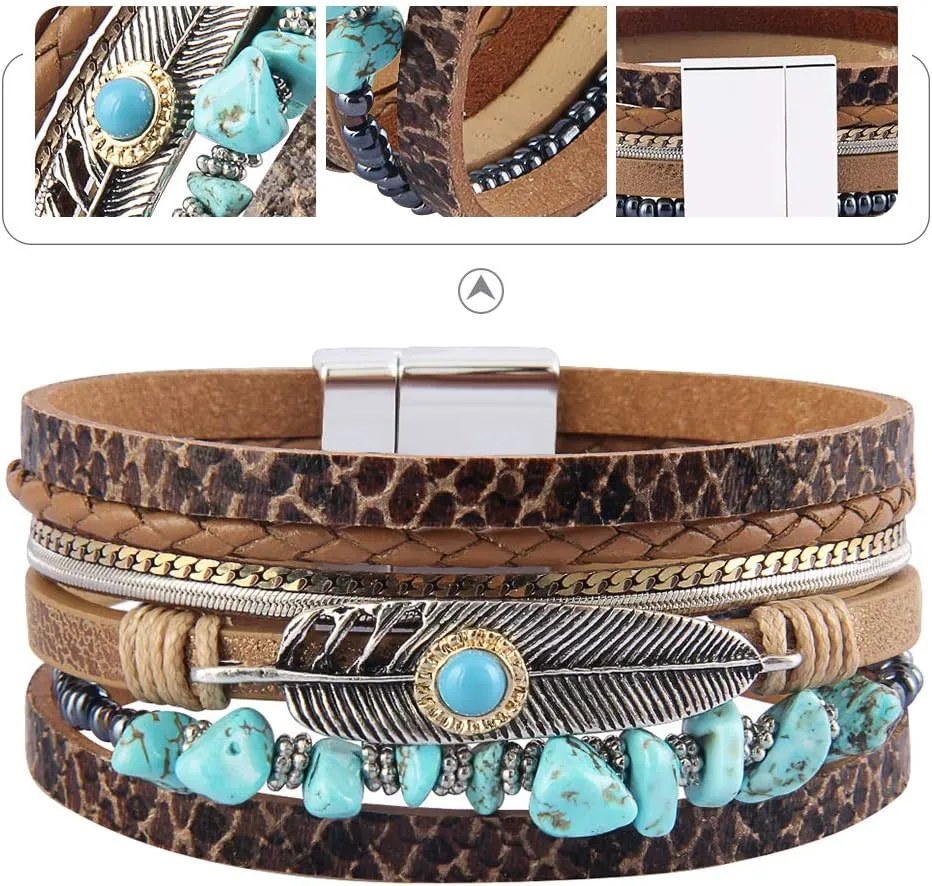 GelConnie Womens Leather Cuff Bracelet Feather Multi Strand Bracelet Wrap Bracelet Turquoise Boho Bangle Braided Leather Wristbands Bohemian Jewelry Gifts for Women Wife Sister