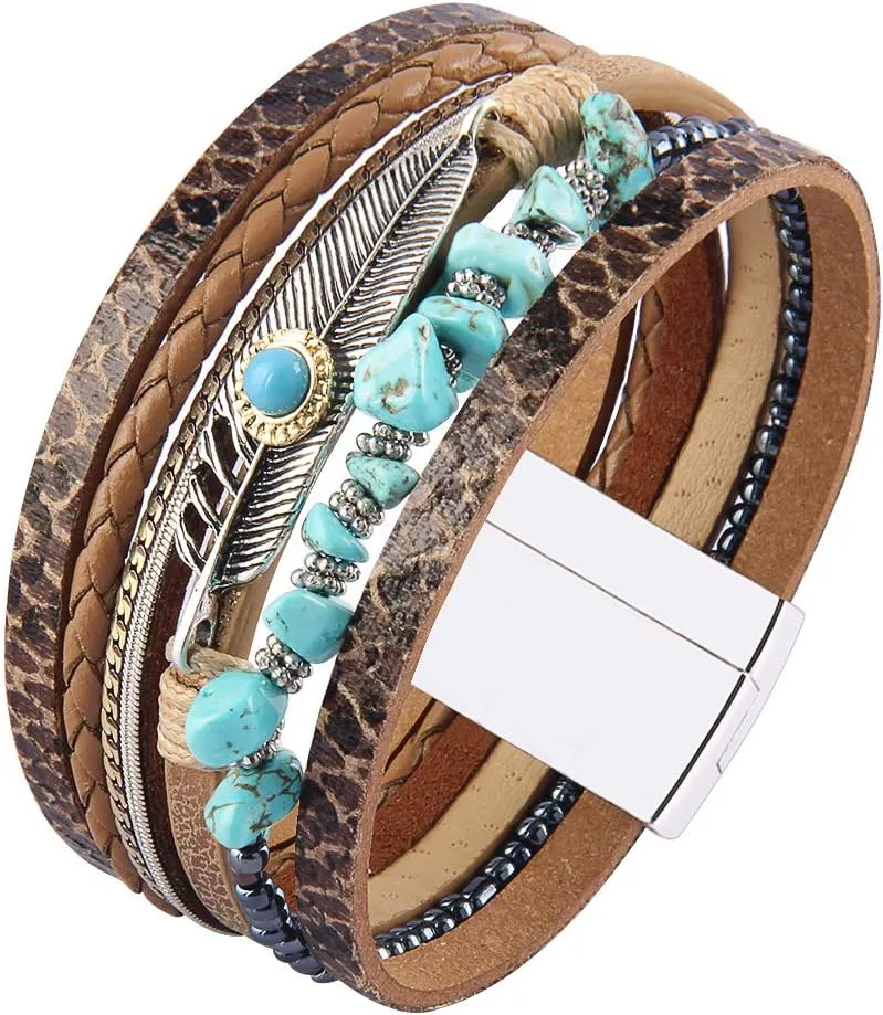 GelConnie Womens Leather Cuff Bracelet Feather Multi Strand Bracelet Wrap Bracelet Turquoise Boho Bangle Braided Leather Wristbands Bohemian Jewelry Gifts for Women Wife Sister