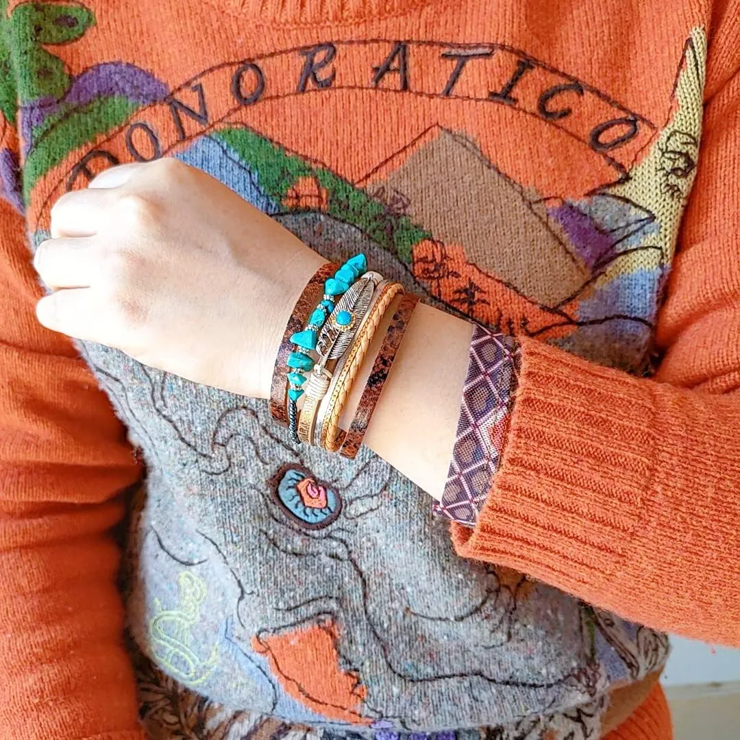 GelConnie Womens Leather Cuff Bracelet Feather Multi Strand Bracelet Wrap Bracelet Turquoise Boho Bangle Braided Leather Wristbands Bohemian Jewelry Gifts for Women Wife Sister