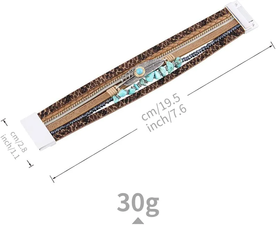 GelConnie Womens Leather Cuff Bracelet Feather Multi Strand Bracelet Wrap Bracelet Turquoise Boho Bangle Braided Leather Wristbands Bohemian Jewelry Gifts for Women Wife Sister
