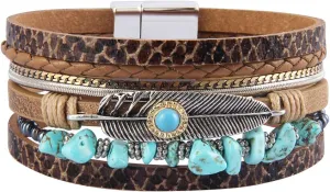 GelConnie Womens Leather Cuff Bracelet Feather Multi Strand Bracelet Wrap Bracelet Turquoise Boho Bangle Braided Leather Wristbands Bohemian Jewelry Gifts for Women Wife Sister