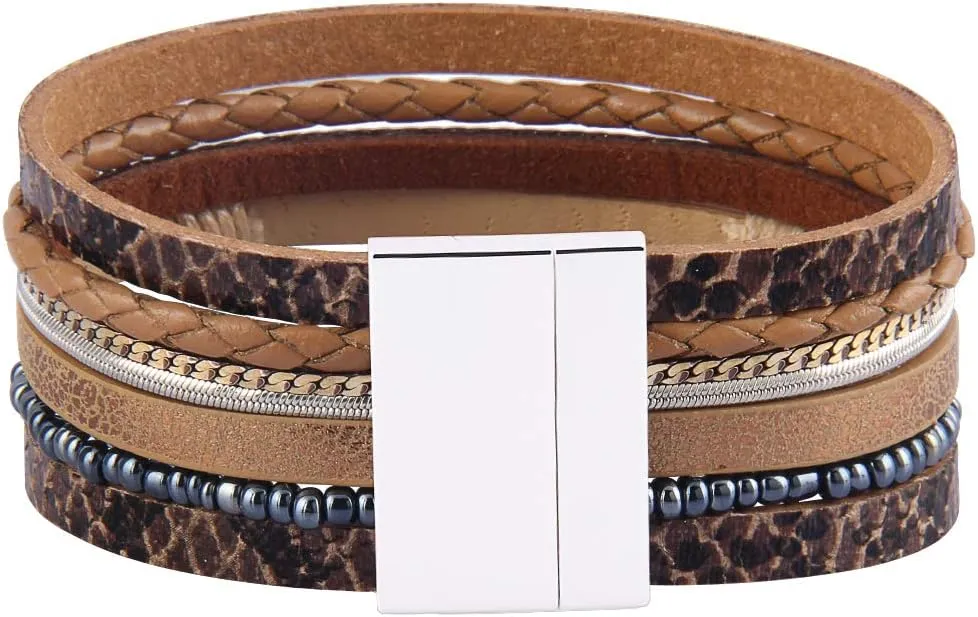 GelConnie Womens Leather Cuff Bracelet Feather Multi Strand Bracelet Wrap Bracelet Turquoise Boho Bangle Braided Leather Wristbands Bohemian Jewelry Gifts for Women Wife Sister