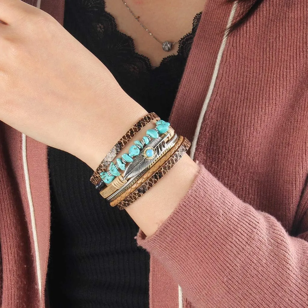 GelConnie Womens Leather Cuff Bracelet Feather Multi Strand Bracelet Wrap Bracelet Turquoise Boho Bangle Braided Leather Wristbands Bohemian Jewelry Gifts for Women Wife Sister