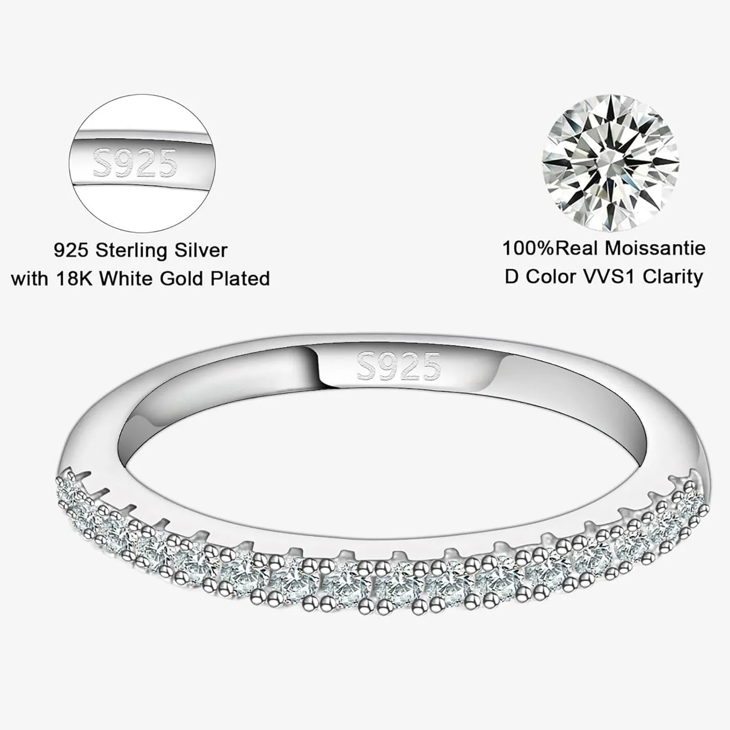 Gemsme Moissanite Wedding Band for Women - 925 Sterling Silver Rings with 18K White Gold Plated Stackable Eternity Engagement Anniversary Wedding Rings Size 4-12