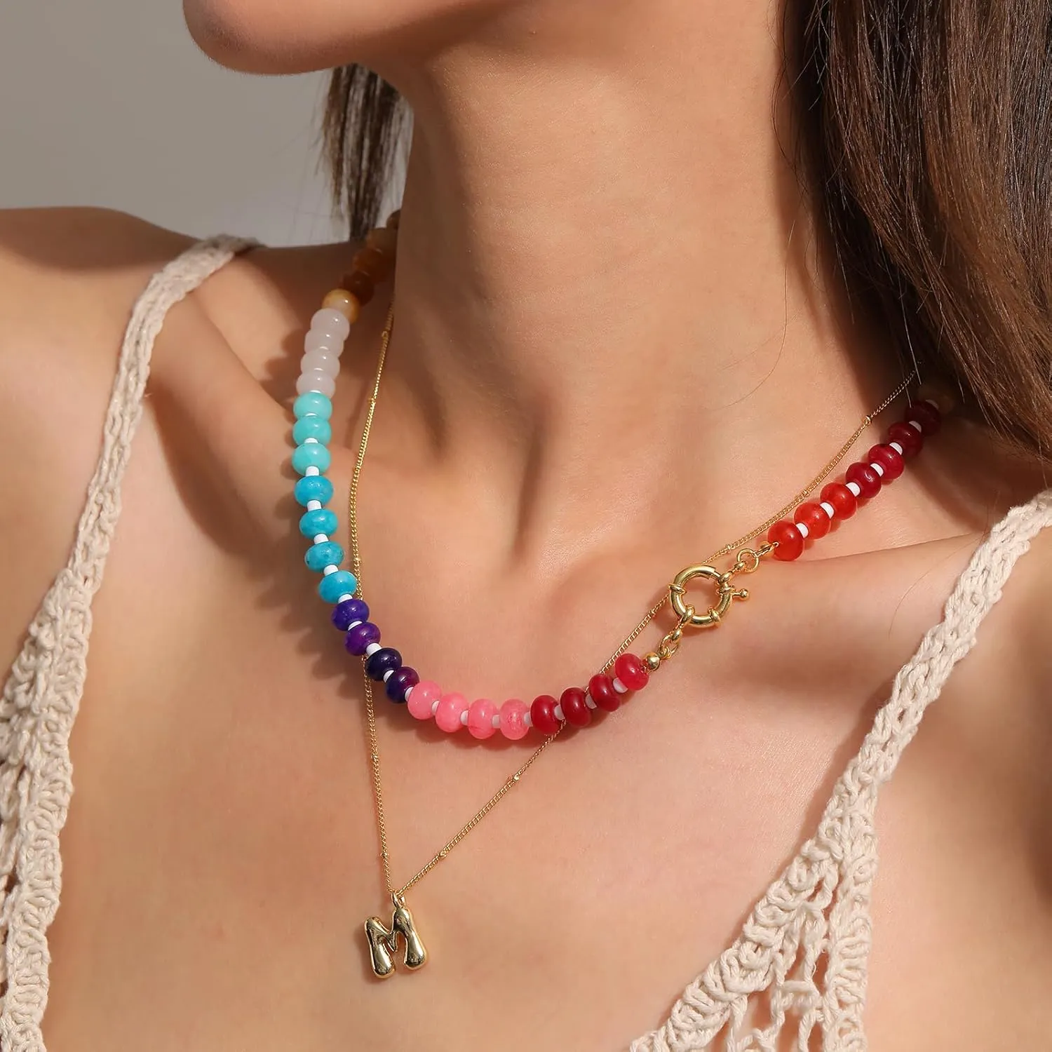 Gemstone Beaded Necklaces for Women, Colorful Boho Rainbow Handmade Beaded Necklaces, Natural Stone Freshwater Pearl Choker Meditation Yoga Healing Jewelry Birthday Gifts
