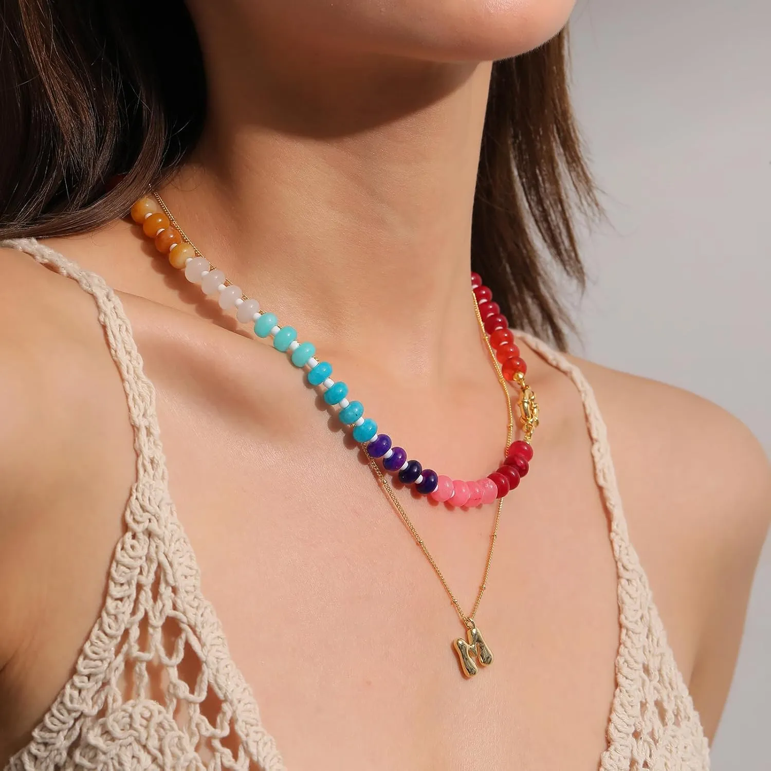 Gemstone Beaded Necklaces for Women, Colorful Boho Rainbow Handmade Beaded Necklaces, Natural Stone Freshwater Pearl Choker Meditation Yoga Healing Jewelry Birthday Gifts