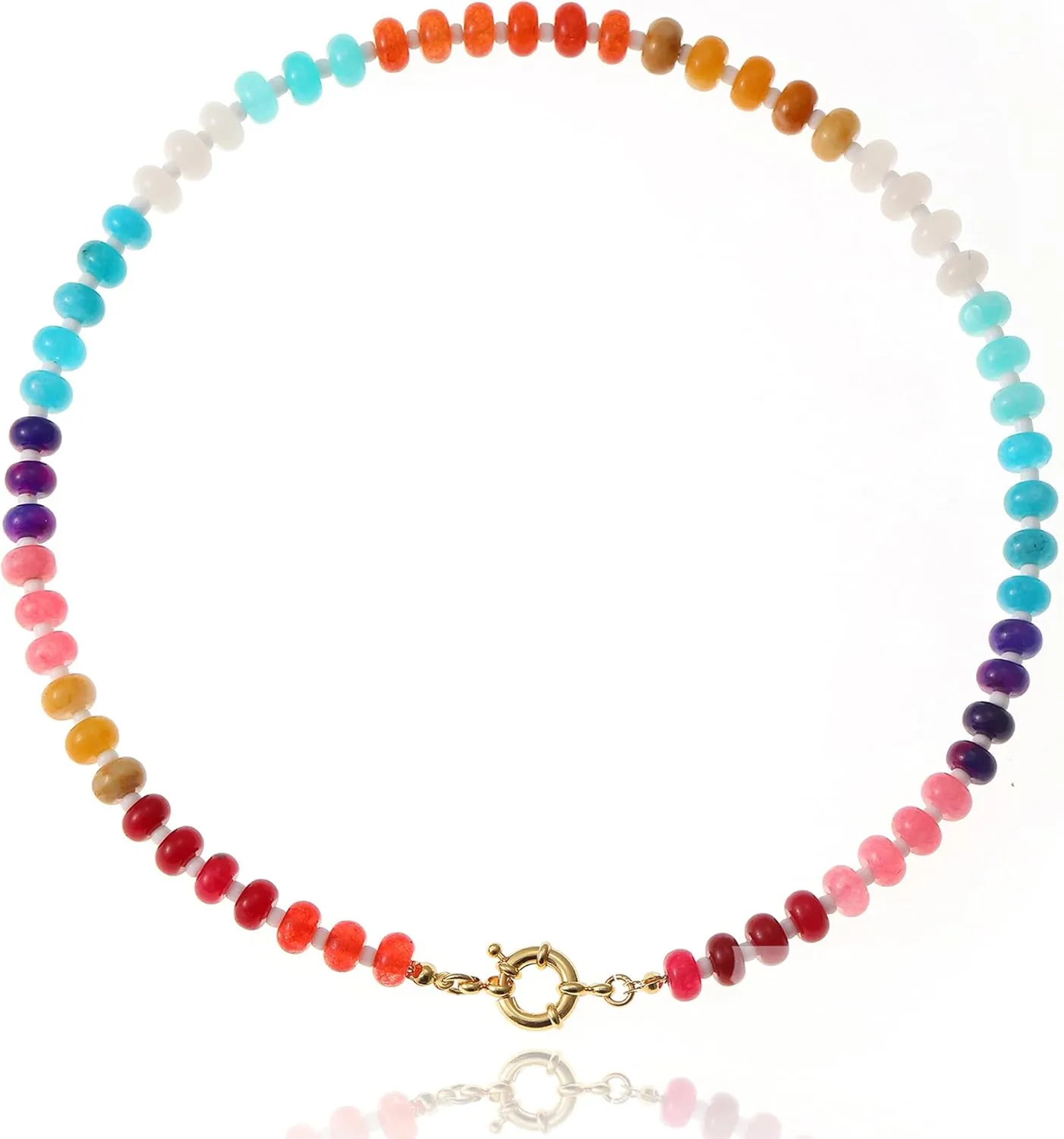 Gemstone Beaded Necklaces for Women, Colorful Boho Rainbow Handmade Beaded Necklaces, Natural Stone Freshwater Pearl Choker Meditation Yoga Healing Jewelry Birthday Gifts