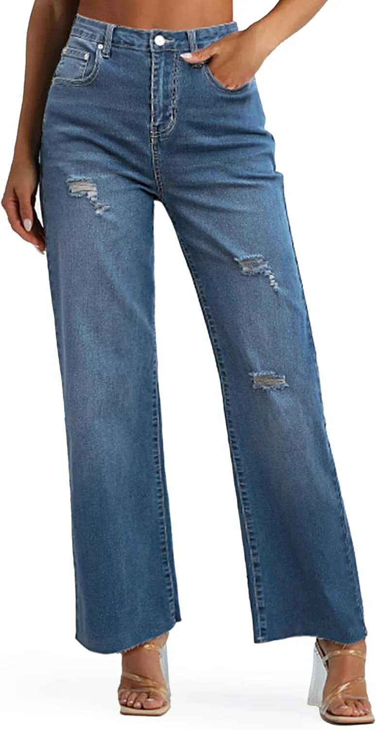 Genleck Women's Wide Leg Jeans - Casual High Waisted Stretchy Jeans Straight Leg Denim Pants with Pockets