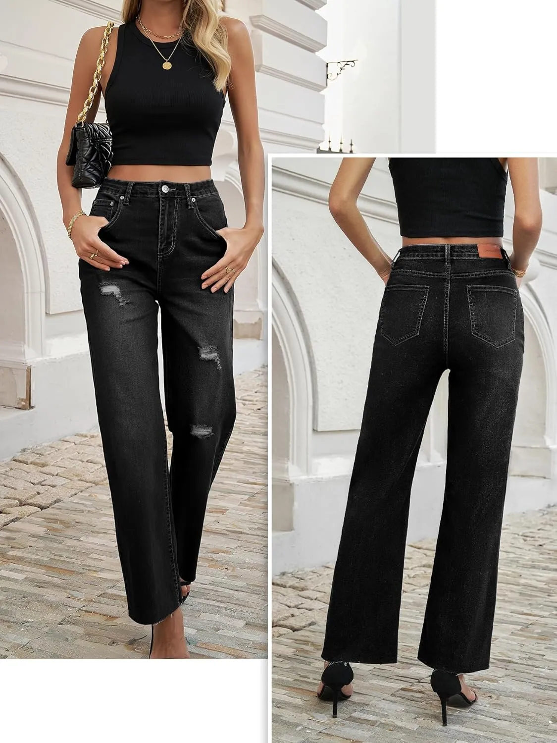 Genleck Women's Wide Leg Jeans - Casual High Waisted Stretchy Jeans Straight Leg Denim Pants with Pockets
