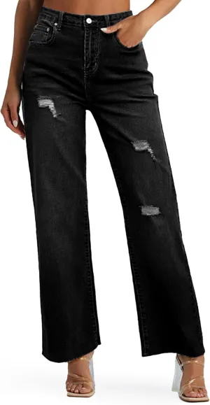 Genleck Women's Wide Leg Jeans - Casual High Waisted Stretchy Jeans Straight Leg Denim Pants with Pockets