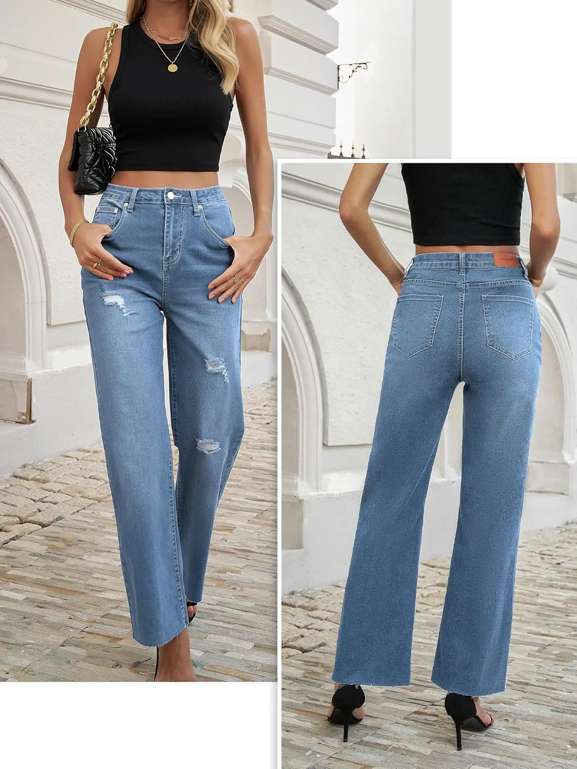 Genleck Women's Wide Leg Jeans - Casual High Waisted Stretchy Jeans Straight Leg Denim Pants with Pockets