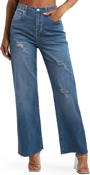 Genleck Women's Wide Leg Jeans - Casual High Waisted Stretchy Jeans Straight Leg Denim Pants with Pockets