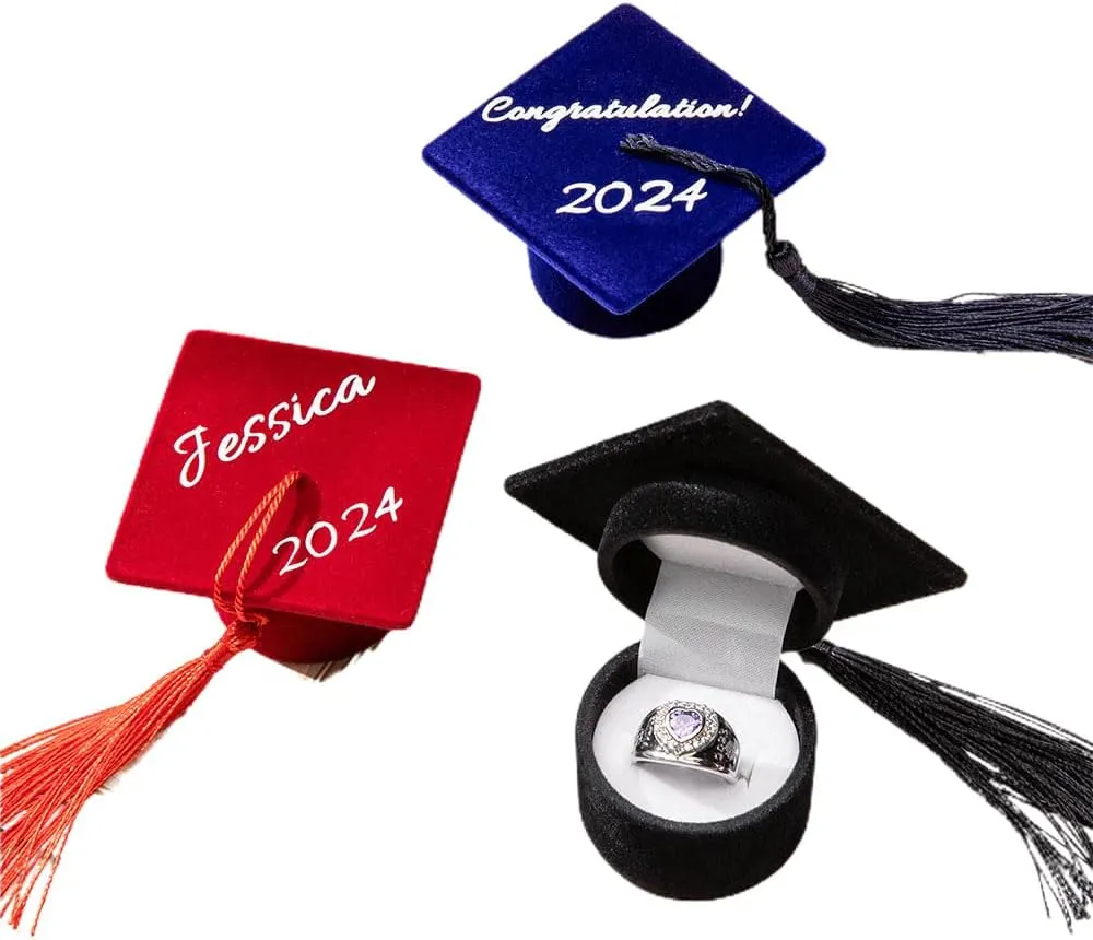 Getname Necklace Custom 2 Text Graduation Cap Ring Box - Personalized Name Class of 2024 Velvet Jewelry Gift Box for Graduation