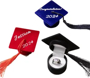 Getname Necklace Custom 2 Text Graduation Cap Ring Box - Personalized Name Class of 2024 Velvet Jewelry Gift Box for Graduation