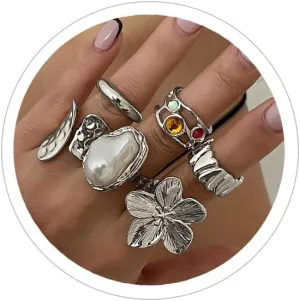 Gold Chunky Rings Set for Women Open Stacking Knuckle Ring Silver Adjustable Round Dome Rings Set Minimalist Irregular Statement Women Ring Jewelry