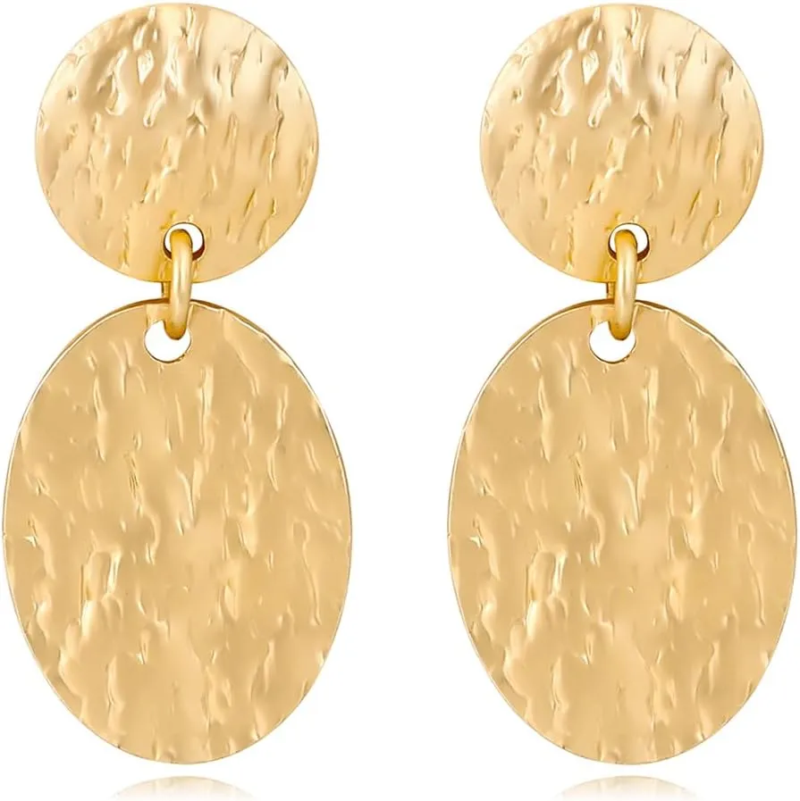 Gold Earrings for Women 14k Gold Plated Lightweight Dangle Earrings Hammered Disc Drop Geometric Hypoallergenic Earrings for Her