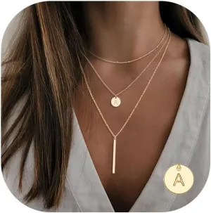 Gold Initial Layered Necklaces for Women, 14K Gold Plated Coin Letter Necklace Bar Stacking Layer Necklace Multi Bar Layering Y-Necklaces Jewelry for Women