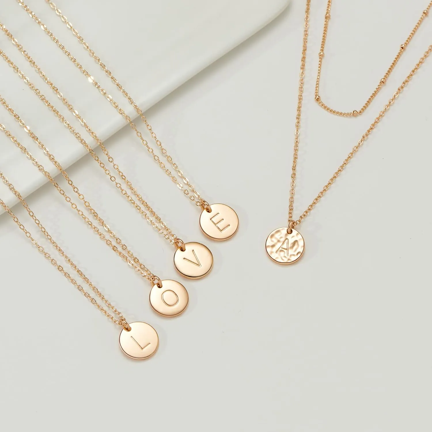Gold Initial Layered Necklaces for Women, 14K Gold Plated Coin Letter Necklace Bar Stacking Layer Necklace Multi Bar Layering Y-Necklaces Jewelry for Women