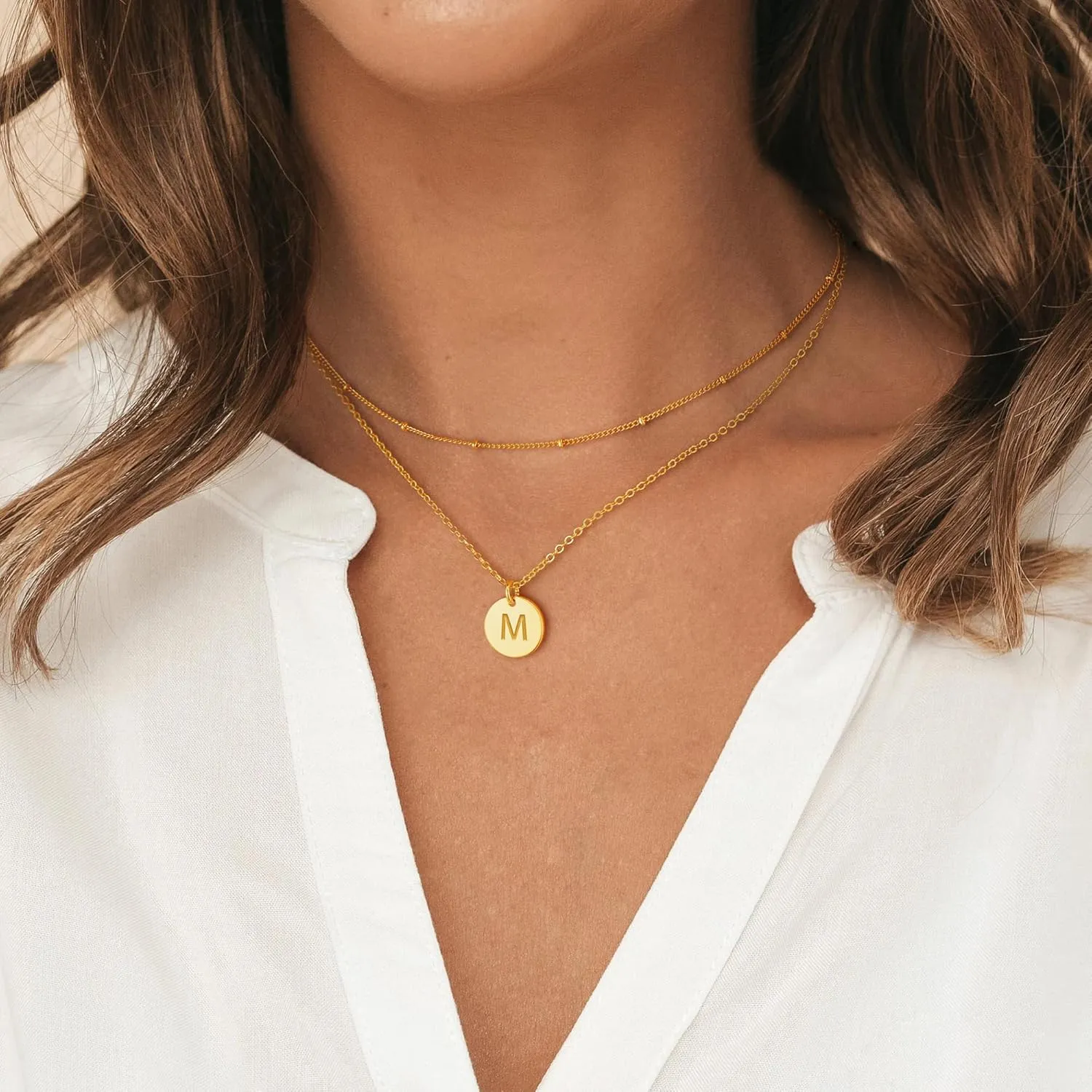Gold Initial Layered Necklaces for Women, 14K Gold Plated Coin Letter Necklace Bar Stacking Layer Necklace Multi Bar Layering Y-Necklaces Jewelry for Women