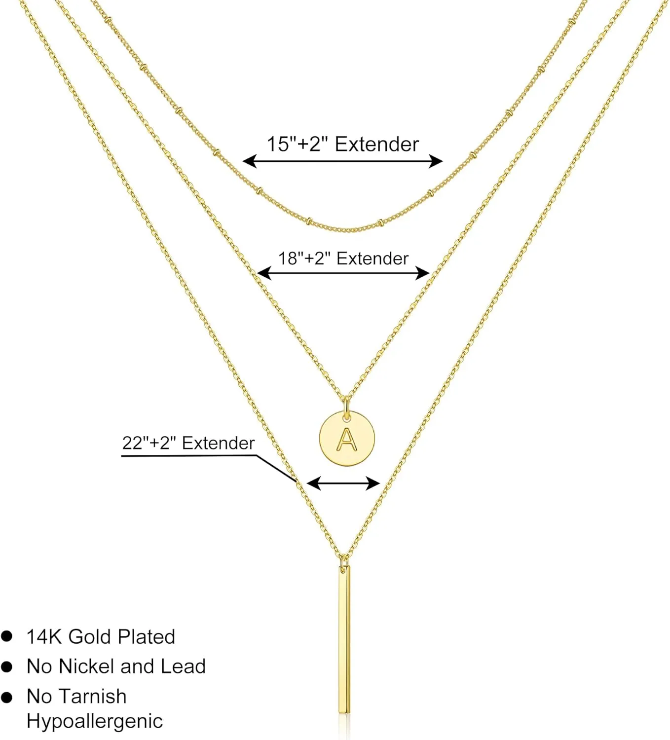Gold Initial Layered Necklaces for Women, 14K Gold Plated Coin Letter Necklace Bar Stacking Layer Necklace Multi Bar Layering Y-Necklaces Jewelry for Women