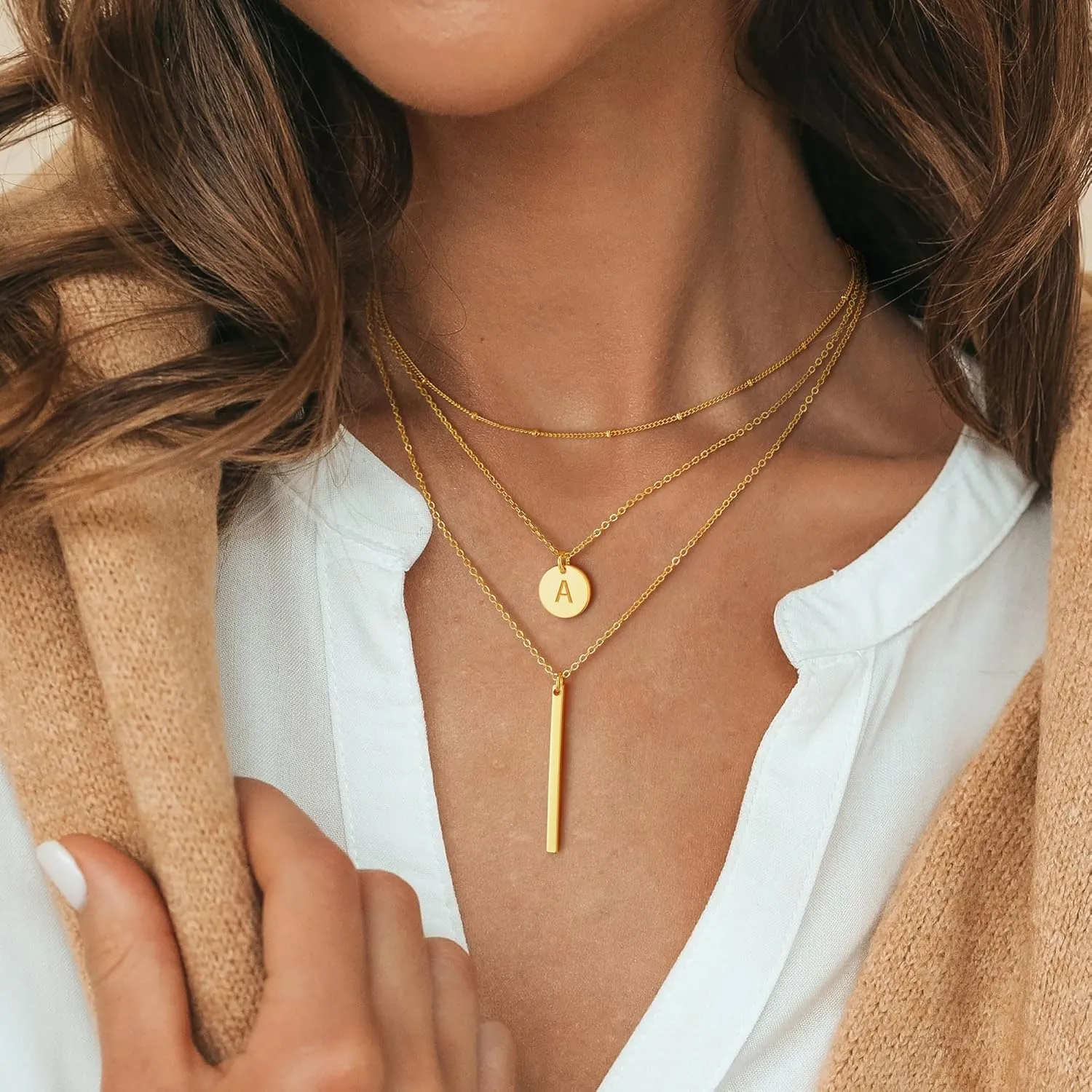 Gold Initial Layered Necklaces for Women, 14K Gold Plated Coin Letter Necklace Bar Stacking Layer Necklace Multi Bar Layering Y-Necklaces Jewelry for Women