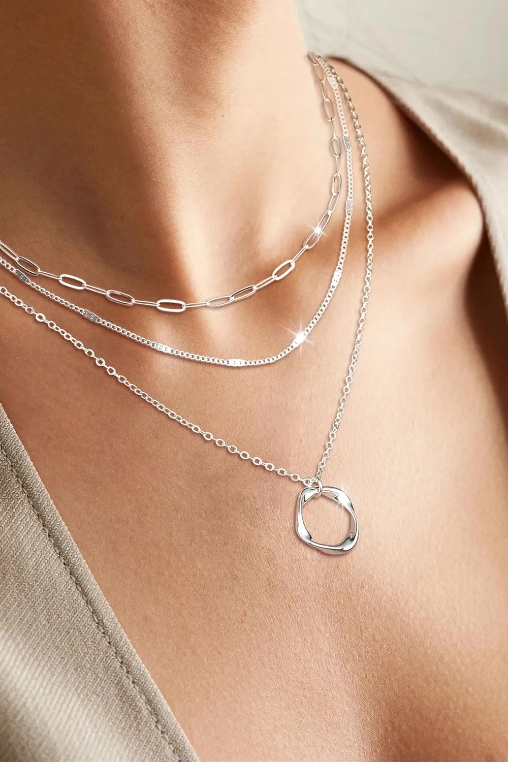 Gold Layered Necklace for Women, Dainty 14K Gold Plated Non-Tarnish Irregular Circle Pendant Choker Paperclip Chain Necklaces, Minimalist Trendy Stackable Necklace Jewelry Gift for Mom