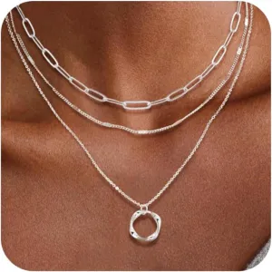 Gold Layered Necklace for Women, Dainty 14K Gold Plated Non-Tarnish Irregular Circle Pendant Choker Paperclip Chain Necklaces, Minimalist Trendy Stackable Necklace Jewelry Gift for Mom