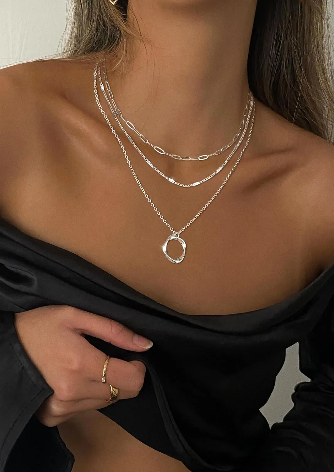 Gold Layered Necklace for Women, Dainty 14K Gold Plated Non-Tarnish Irregular Circle Pendant Choker Paperclip Chain Necklaces, Minimalist Trendy Stackable Necklace Jewelry Gift for Mom