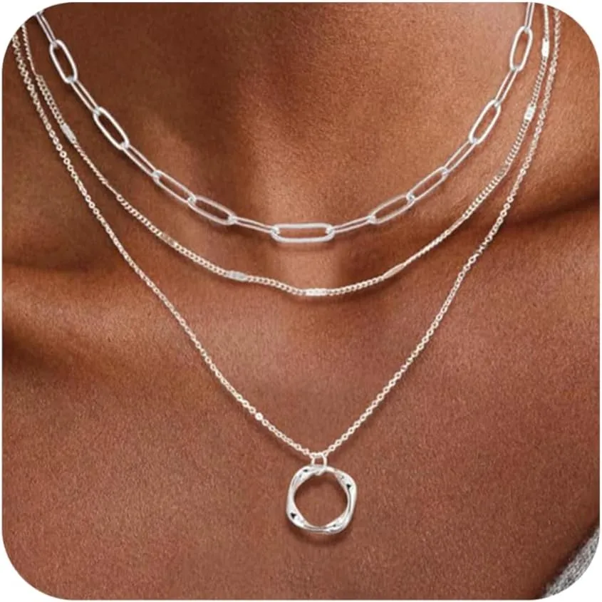 Gold Layered Necklace for Women, Dainty 14K Gold Plated Non-Tarnish Irregular Circle Pendant Choker Paperclip Chain Necklaces, Minimalist Trendy Stackable Necklace Jewelry Gift for Mom