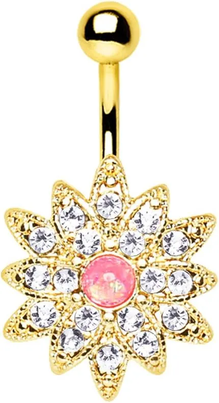 Gold Plated Gleaming Sunburst Flower Belly Button Navel Ring