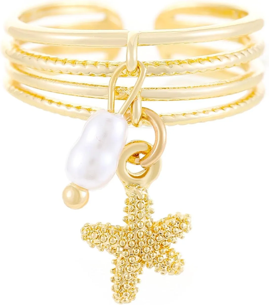 Gold Seashell Ring for Women Gold Starfish Ring Boho Shell Pearl Ring Adjustable Open Beach Ring Chunky Stackable Ring for Women Summer Jewelry