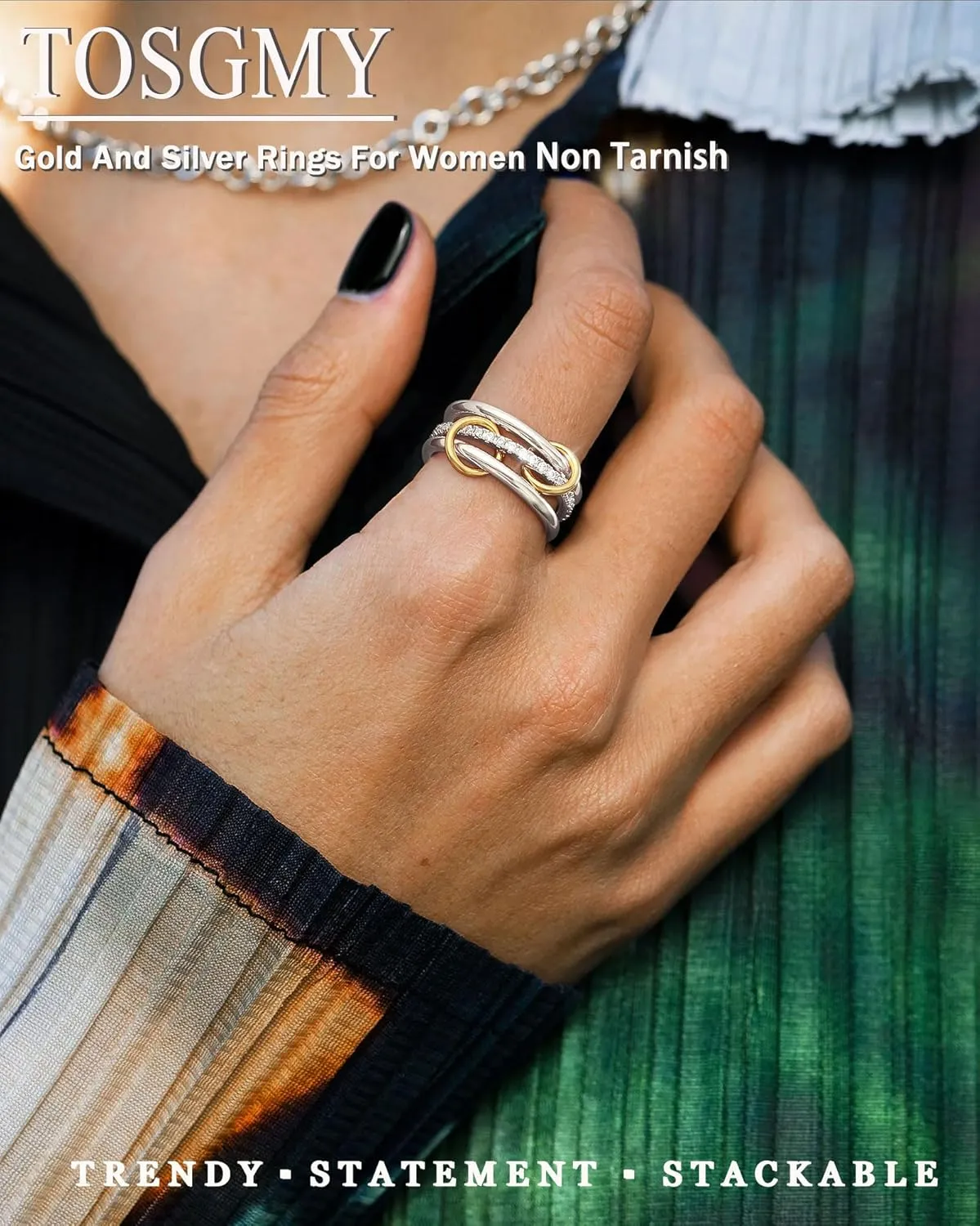 Gold Silver Rings for Women Non Tarnish 18K Gold Plated Stackable Rings Dainty Cubic Zirconia Statement Rings Wedding Band Thumb Ring Mixed Metals Stacking Rings Set Size 5-10 Jewelry Gifts