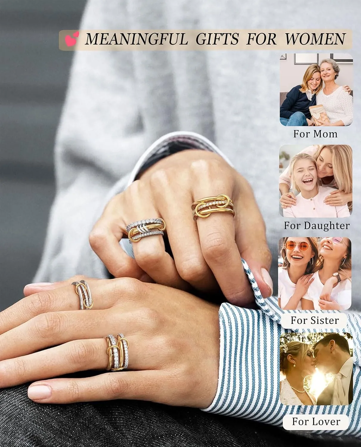 Gold Silver Rings for Women Non Tarnish 18K Gold Plated Stackable Rings Dainty Cubic Zirconia Statement Rings Wedding Band Thumb Ring Mixed Metals Stacking Rings Set Size 5-10 Jewelry Gifts