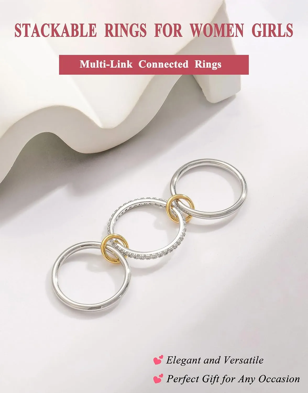 Gold Silver Rings for Women Non Tarnish 18K Gold Plated Stackable Rings Dainty Cubic Zirconia Statement Rings Wedding Band Thumb Ring Mixed Metals Stacking Rings Set Size 5-10 Jewelry Gifts