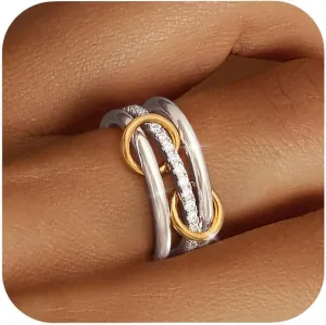 Gold Silver Rings for Women Non Tarnish 18K Gold Plated Stackable Rings Dainty Cubic Zirconia Statement Rings Wedding Band Thumb Ring Mixed Metals Stacking Rings Set Size 5-10 Jewelry Gifts