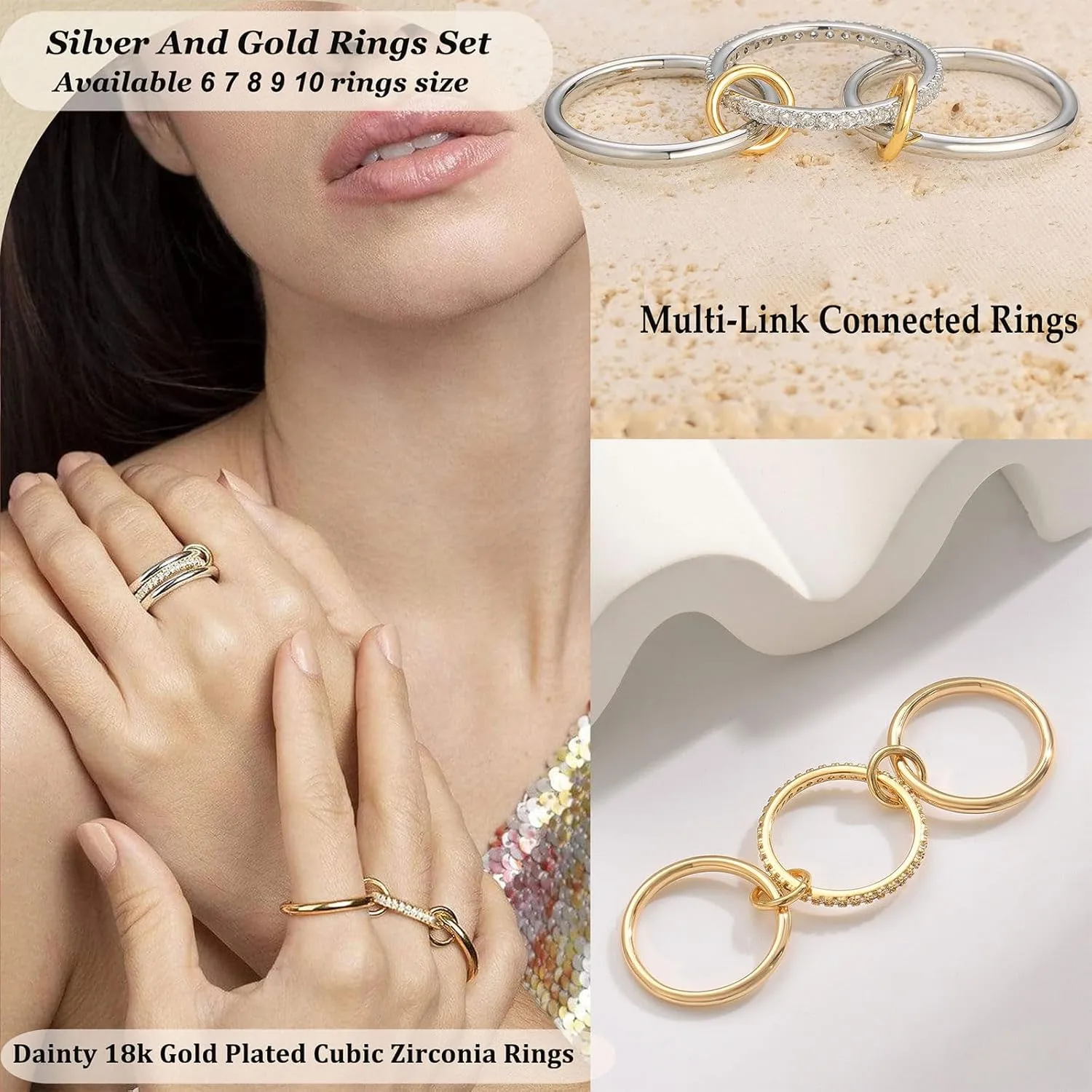 Gold Silver Rings for Women Non Tarnish 18K Gold Plated Stackable Rings Dainty Cubic Zirconia Statement Rings Wedding Band Thumb Ring Mixed Metals Stacking Rings Set Size 5-10 Jewelry Gifts