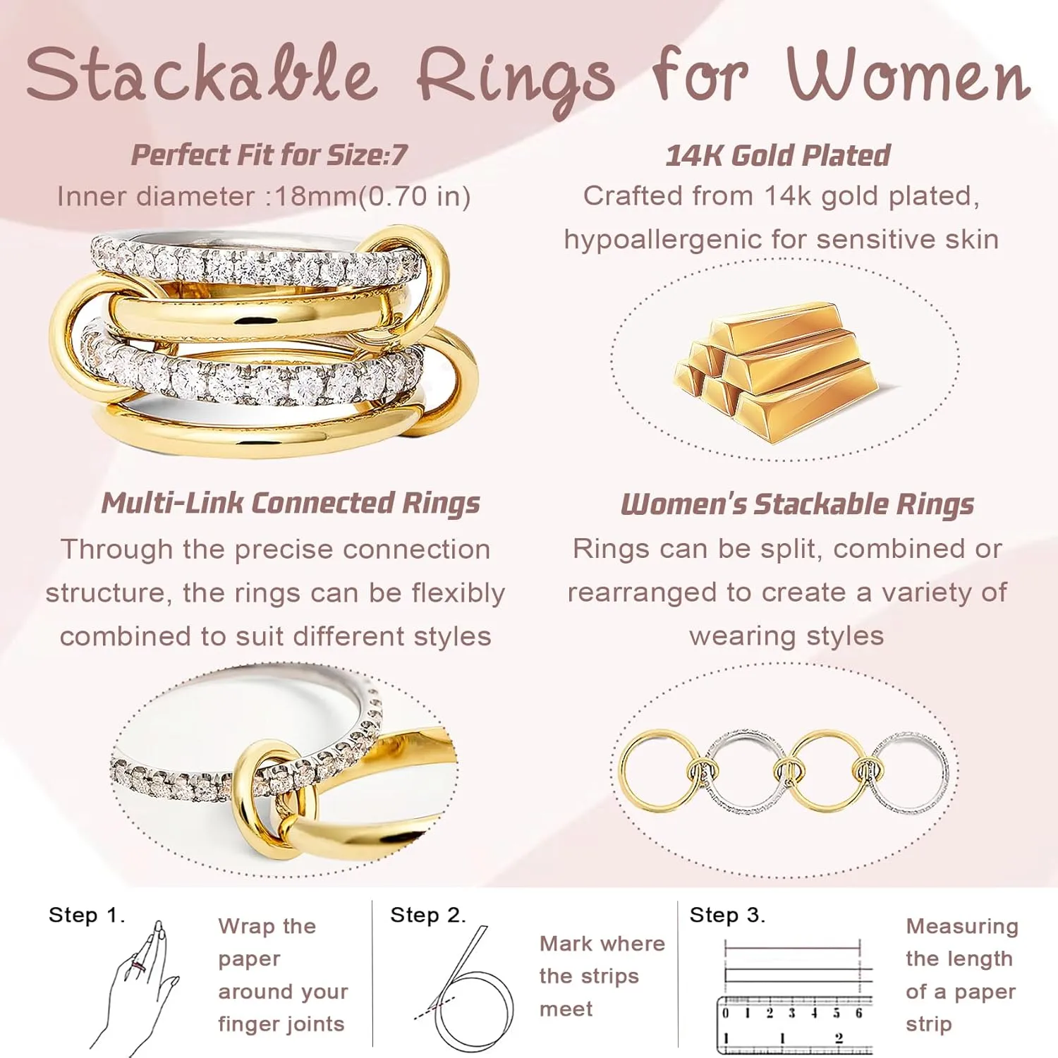 Gold Stackable Rings for Women Dainty Stackable 14K Gold Plated Cubic Zirconia Rings Non Tarnish Stackable Gold Knuckle Rings for Women Set Gifts (Size:78)