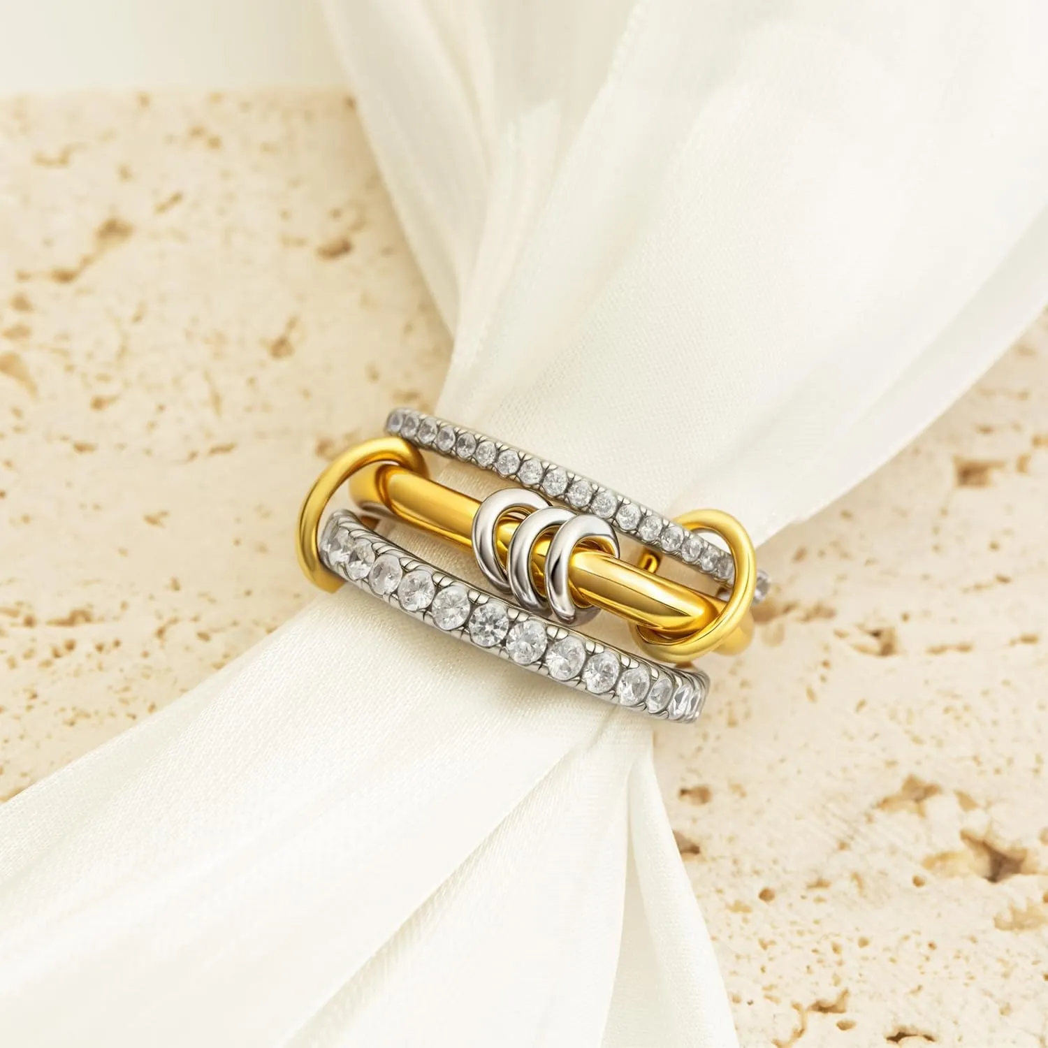 Gold Stackable Rings for Women Non Tarnish, 18k Gold Plated Cubic Zirconia Rings, Silver Gold Multi Ring Mixed Metals Stack Rings Set