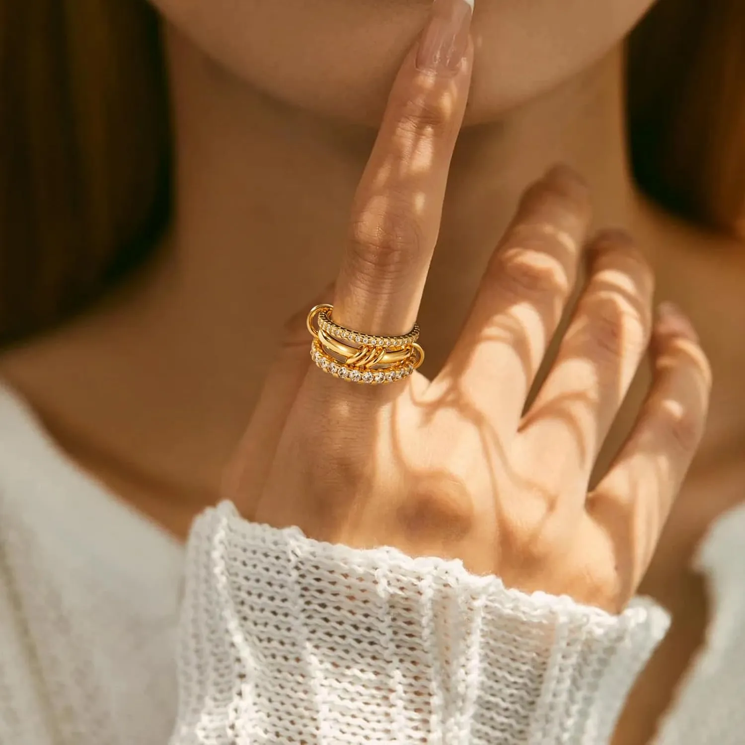 Gold Stackable Rings for Women Non Tarnish, Dainty Stackable 18k Gold Plated CZ Cubic Zirconia Rings, Gold Knuckle Women Rings Set