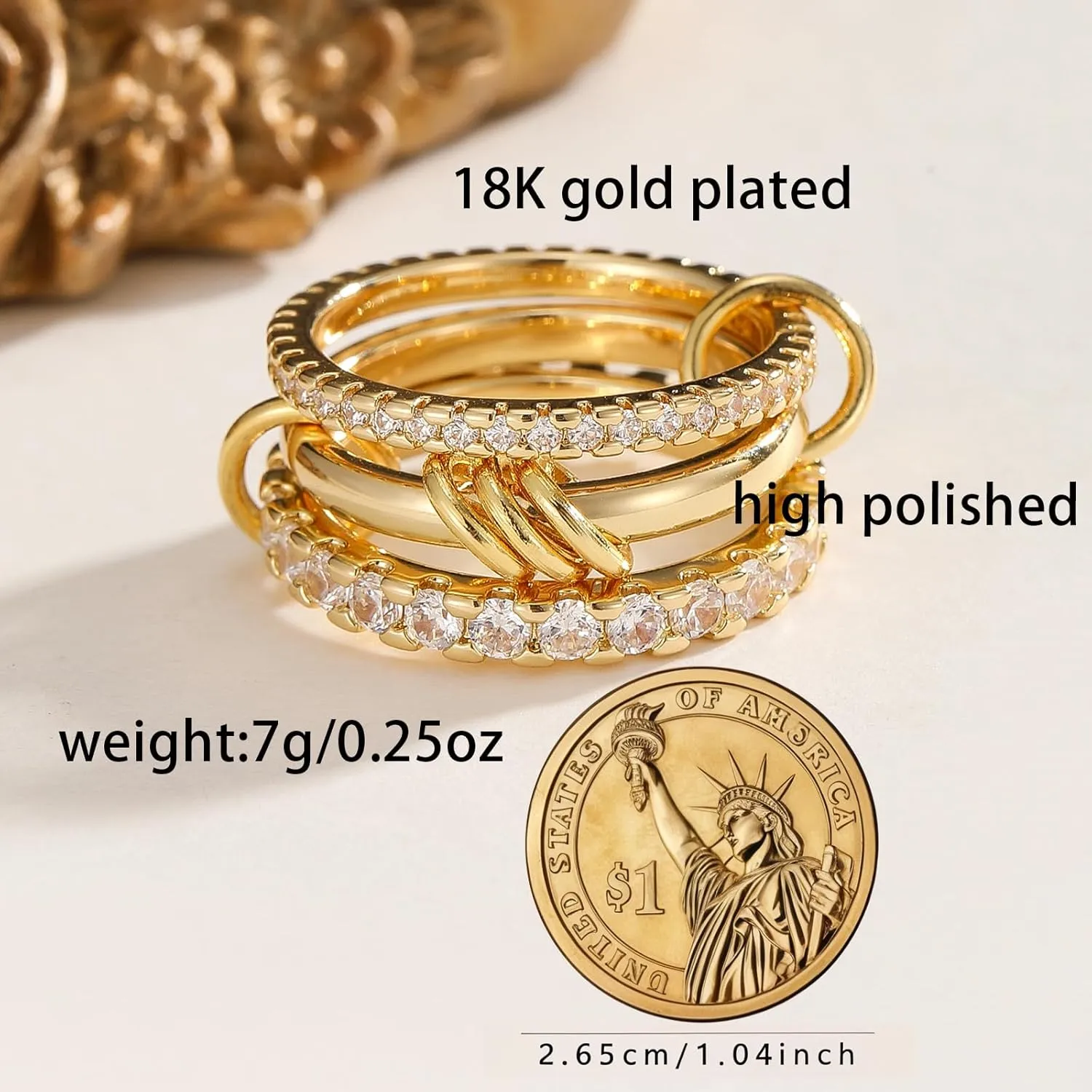 Gold Stackable Rings for Women Non Tarnish, Dainty Stackable 18k Gold Plated CZ Cubic Zirconia Rings, Gold Knuckle Women Rings Set