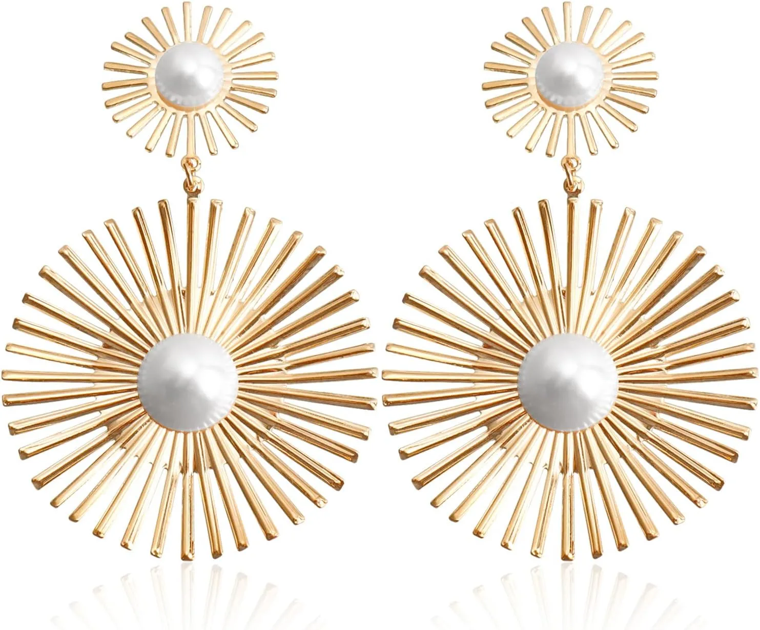 Gold Sunburst Statement Earrings for Women  18K Gold Plated, Large Pearl Center Dangle Earrings  Bold Radiant Drop Jewelry for Party & Evening Looks #D010425