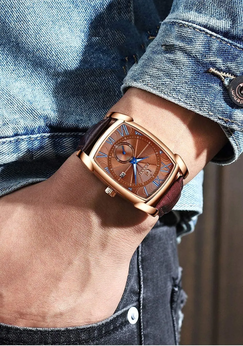 Gosasa Classic Retro Men Watch Men Vintage Watch Leather Strap Business Luminous Waterproof Square Quartz Wristwatch Male Calendar Roman Numerals
