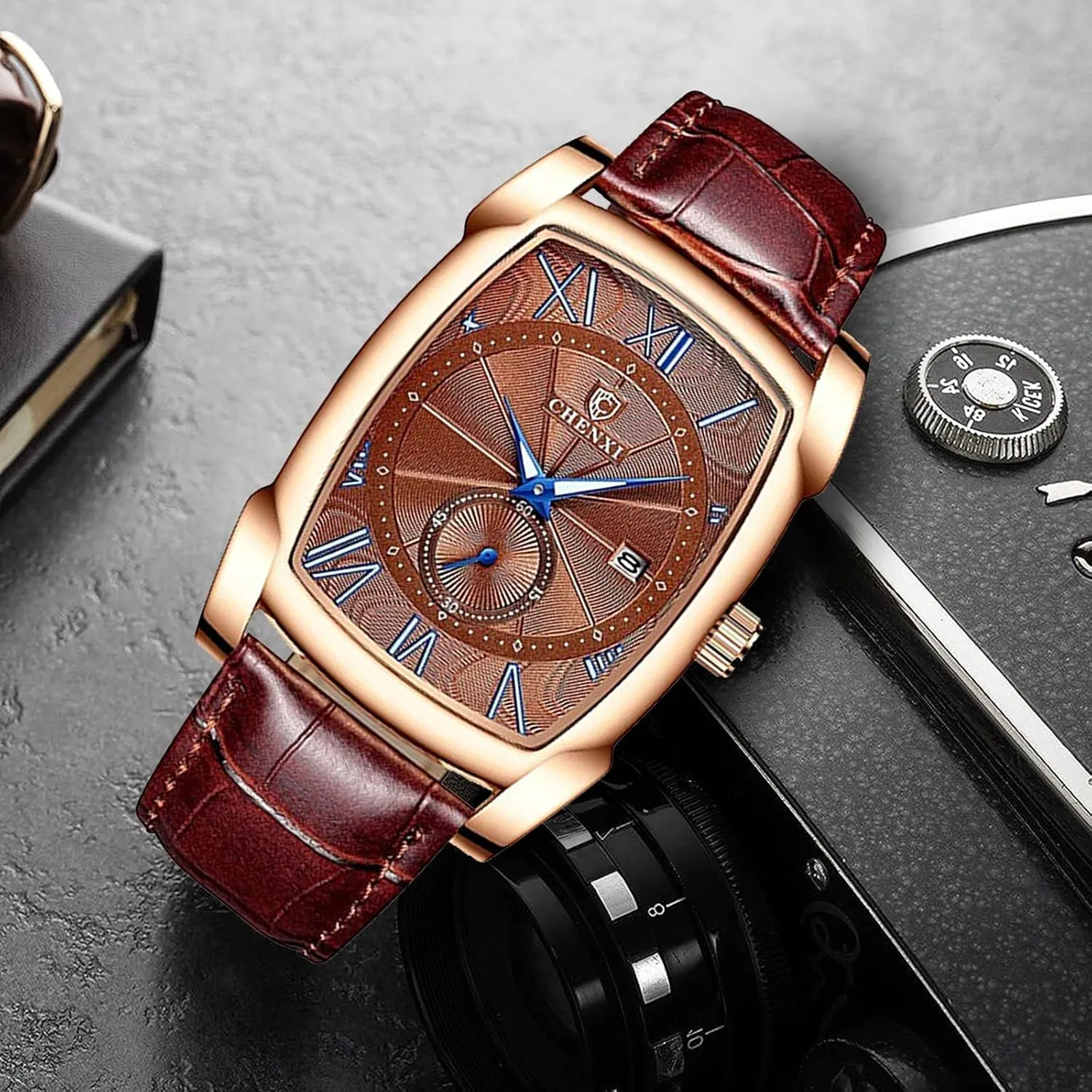 Gosasa Classic Retro Men Watch Men Vintage Watch Leather Strap Business Luminous Waterproof Square Quartz Wristwatch Male Calendar Roman Numerals