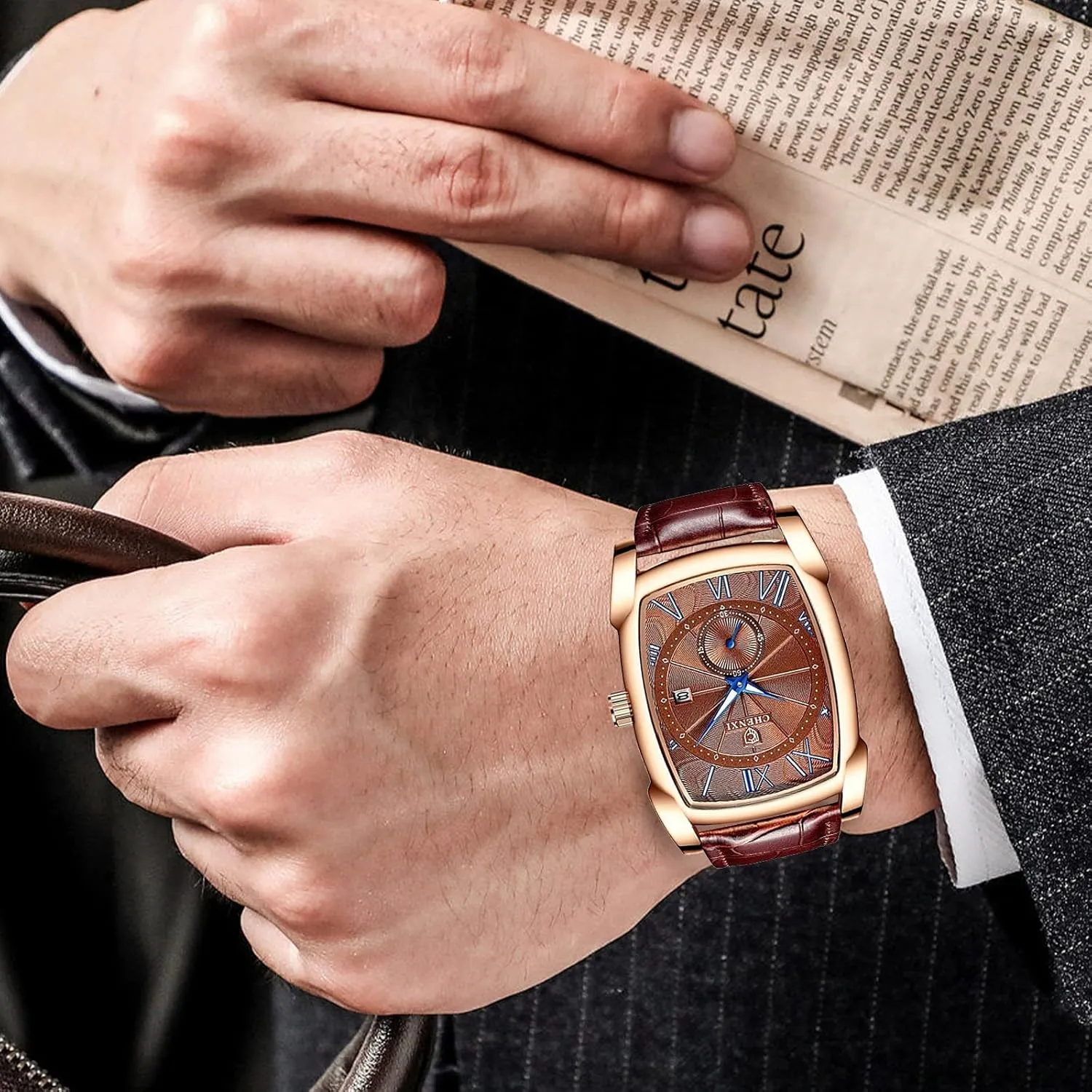 Gosasa Classic Retro Men Watch Men Vintage Watch Leather Strap Business Luminous Waterproof Square Quartz Wristwatch Male Calendar Roman Numerals