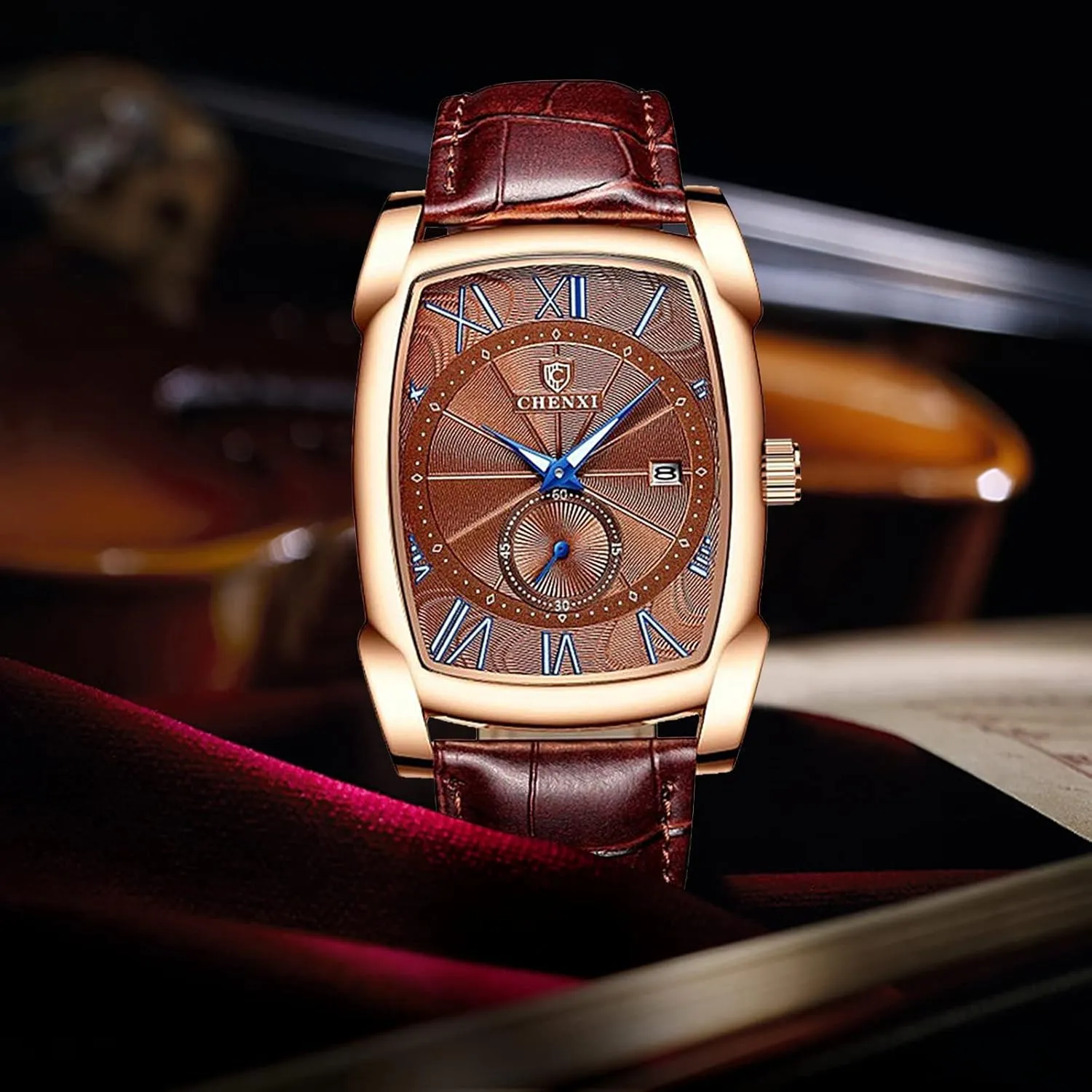 Gosasa Classic Retro Men Watch Men Vintage Watch Leather Strap Business Luminous Waterproof Square Quartz Wristwatch Male Calendar Roman Numerals