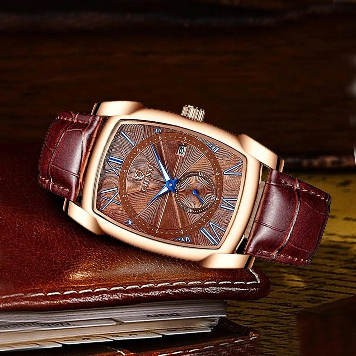 Gosasa Classic Retro Men Watch Men Vintage Watch Leather Strap Business Luminous Waterproof Square Quartz Wristwatch Male Calendar Roman Numerals